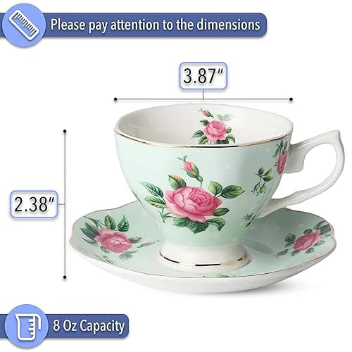 BTaT- Floral Tea Cups and Saucers Set of 8 (8 oz), Porcelain Tea Cup Sets, Assorted Colors with Gold Trim & Gift Box, Dishwasher Safe thumbnail 4