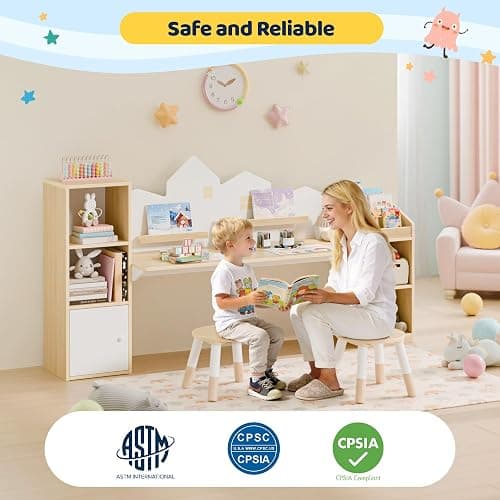 Xilingol Kids Desk with Bookshelves and 2 Stools, Wooden Kids Desk and Chair Set with 5 Storage Cabinets, Children Writing Drawing Table, Student Kid Study Table for Ages 3-8, Boys, Girls, House Shape thumbnail 3