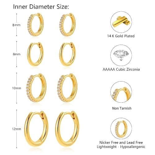 Maxcate 4 Pair Small Gold Hoop Earrings for Women Sensitive Ears - Hypoallergenic 14k Real Gold Plated Hoops Zirconia Cartilage Huggie Earrings Set Helix Piercing Earring Gold Jewelry for Women Gift thumbnail 5