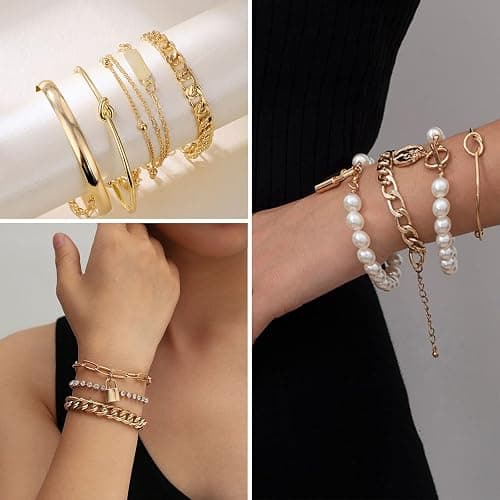 IFKM Gold Plated Jewelry Set for Women,14k Gold Plated Multi Layer Necklaces Stackable Bangle Bracelets Stackable Knuckle Rings Hoop Earrings Set Anniversary Trendy Elegance Charms Anniversary Birthday Jewelry Gift thumbnail 4