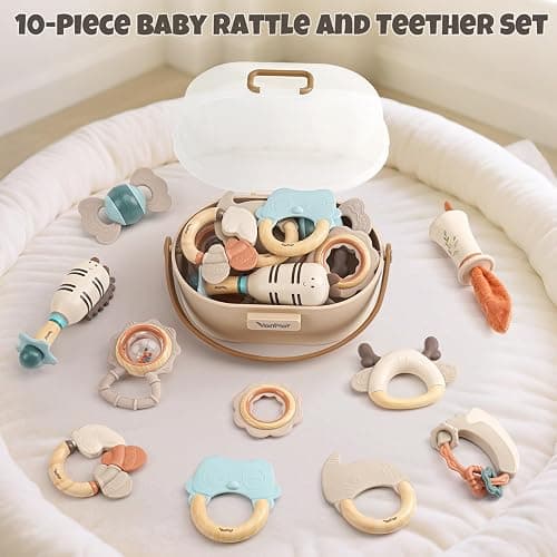 Baby Rattles & Teethers Set – Baby Toys 0-6 Months, Teething Toys 3-6 Months, Sensory Toys with Soft Textures, Gentle Sounds & Easy-Grip Shape, Neutral Newborn Gift（10-Pack） thumbnail 4