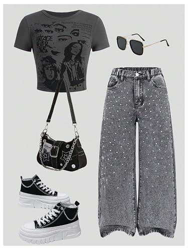 WDIRARA Girl's Sparkly Rhinestone Baggy Jeans High Waisted Washed Wide Leg Denim Pants thumbnail 3