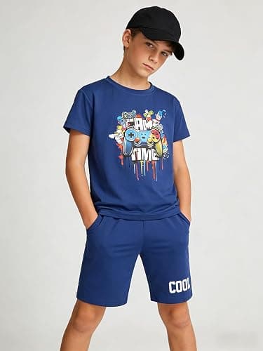 Cakaner Tween Boys Summer Clothes 2 Piece Short Sleeve Graphic T-Shirt and Shorts Casual Outfit Set Size 7-14 thumbnail 2
