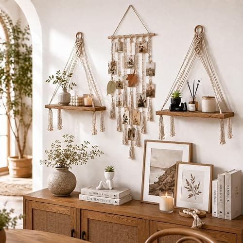 EASLIV Boho Wall Decor Set of 6, Aesthetic Room Shelf Wall Decor Indoor | 2 Pack Hanging Shelves + Hanging Photo Display with 10 Clips + 1Pcs Fake Hanging Eucalyptus + 2Pcs Fake Succulents Plants thumbnail 6