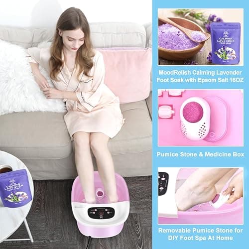 MoodRelish Foot Spa Bath Massager with Heat Bubbles and Vibration Massage and Jets, 16 OZ Calming Lavender Foot Soak Epsom Salt, Foot Soaker with Red Light, 22 Massage Rollers, Adjustable Temp - Pink thumbnail 4