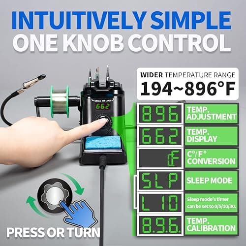 YIHUA 926 III 60W Digital Display Soldering Iron Station Kit w 2 Helping Hands, 6 Extra Iron Tips, Lead-Free Solder, Solder Sucker, S/S Tweezers, °C/ºF Conversion, Auto Sleep & Calibration Support thumbnail 5