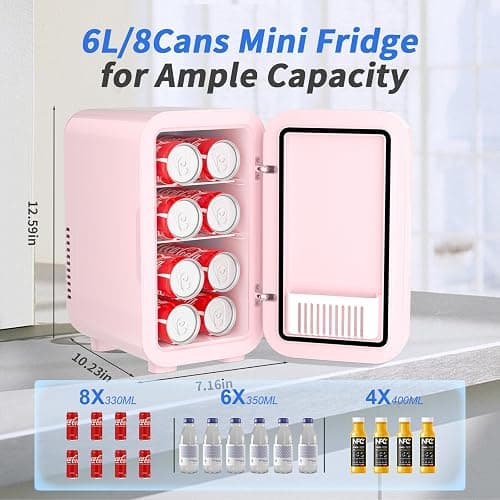 YASHE Mini Fridge, 6 Liter/8 Cans 110V AC/DC Portable Thermoelectric Cooler Refrigerators for Bedroom, Skincare, Beverage, Office, Dorm Room and Car, Pink thumbnail 2