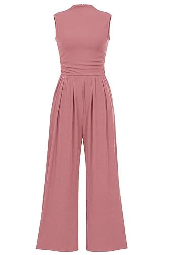 PRETTYGARDEN Womens Summer Jumpsuits Dressy Casual One Piece Outfits Sleeveless Mock Neck Wide Leg Pants Rompers with Pockets - Small - Dusty Pink