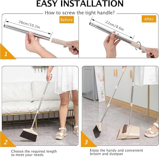 XXFLOWER Broom and Dustpan Set with Long Handle, Light Weight Stainless Steel Poles Stand Upright Dustpans with Broom Combo for Home Kitchen Office Pet Dog Hair, Brown & Beige Color, 1-Pack thumbnail 6