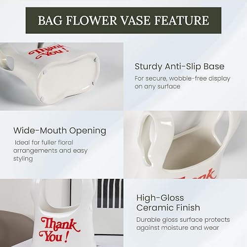 Handmade Ceramic Bag Flower Vase with Red “Thank You” Print | Glossy White Purse Vase for Modern Home Decor, Mantel, Kitchen, Living Room, Table Centerpiece thumbnail 5