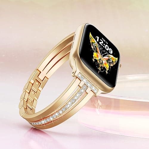 AIRSPO Slim Gold Band Compatible with Apple Watch 38mm 40mm 41mm 42mm 44mm 45mm 46mm Women Thin Metal Strap Dressy Jewelry Bracelet with Bling Diamond for iWatch Bands Series 10 9 8 7 6 5 4 3 SE thumbnail 2