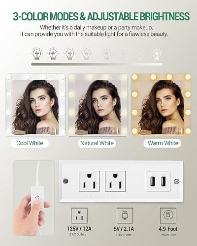 Hzuaneri Vanity Desk with Mirror and 10 LED Lights, Power Strip Makeup Vanity with 3 Shelves, Dressing Table with Drawers & Cabinet, 3 Adjustable Lighting Brightness, White DT34303XCA thumbnail 5