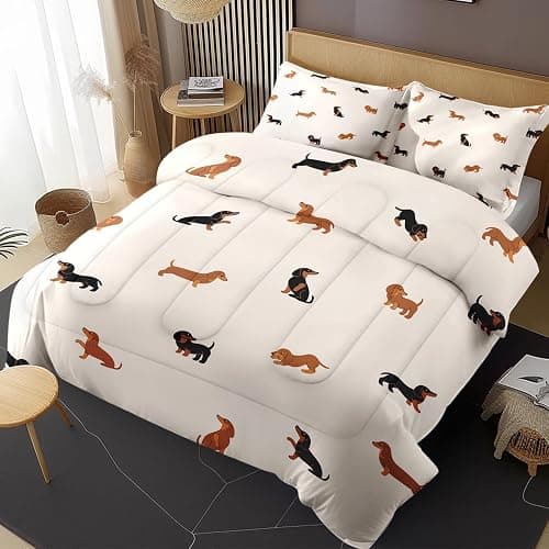 Zzzboro Comforter Set with 2 Pillowcases Queen Size, Cute Happy Dachshund Dog Puppy, Bedding Decor Cartoon Animal Pug Geometric Brown for Kids and Adults, Soft Cozy Bedroom Bed Set thumbnail 2