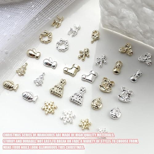 3D Christmas Nail Charms, 60 Pcs Snowflake Christmas Tree Wreaths Bell Elk Santa Christmas Nail Art Charms Gems Gold Silver Metal Nail Studs Nail Jewels for Xmax Holiday DIY Craft Design thumbnail 3