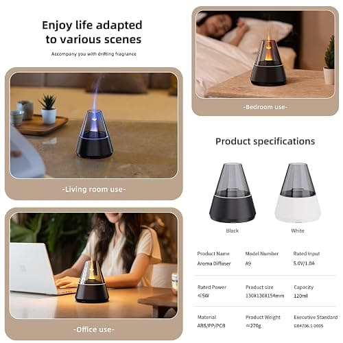 Ultrasonic Aroma Diffuser with Simulated Flame, 150ml, Timer and Auto-Off, LED Ambient Light (Black) thumbnail 5