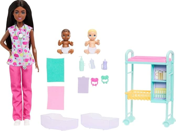 Barbie Careers Baby Doctor Playset with Brunette Doll Wearing Scrubs, 2 Baby Dolls, Examination Table & Accessories - Image 1