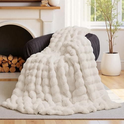 Lotus Karen Faux Fur Blanket - Cream White Twin Size, Big Bubble Rabbit Fluff, 60x80 Inches thumbnail 3