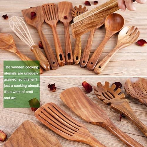 Kitchen Utenails Set with Holder,Kitchen Wooden Utensils for Cooking, Wood Utensil Natural Teak Wood Spoons for Cooking,Wooden Kitchen Utensil Set With Spatula and Ladle (11) thumbnail 5