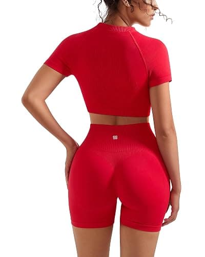 SUUKSESS Women 2 Piece Workout Sets Hidden Scrunch Butt Lifting Biker Shorts Short Sleeve Crop Tops - Image 1
