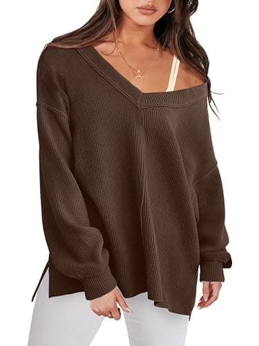 ANRABESS Oversized Long Sleeve Shirts for Women Off the Shoulder Sweatshirt Loose V Neck Tunic Tops High Low Sweater 2025 - Image 1