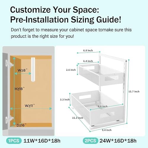 Petiza Under Sink Organizer Adjustable Height 2 Tier Bathroom Organizer Pull Out Cabinet Organer kitchen organizers and storage fridge organizers and storage,White,XL-1 Pack thumbnail 2
