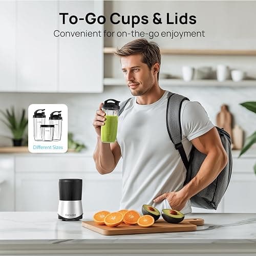 Consciot CB08 11-Piece Blender for Kitchen and Personal Size, Blend Shakes and Smoothies, Frozen Drinks, Baby Food, Spreads & More, 3 Portable To-Go Cups & 2 Spout Lids & 1 Solid Lid, 900 Peak Watts thumbnail 2