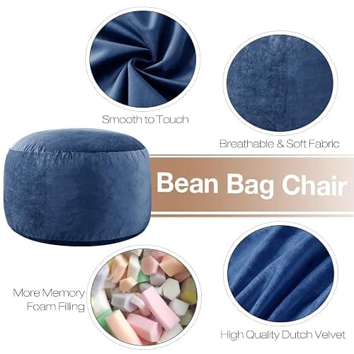 SHOUREN 4 Ft Bean Bag Chair,Bean Bag Chairs for Living Room,4 Foot,Navy | Bean Bag Chairs for Adults,Memory Foam Filling,Beanbag with Filler Included,Soft Velvet Cover,Pocket & Pull-Handle thumbnail 2