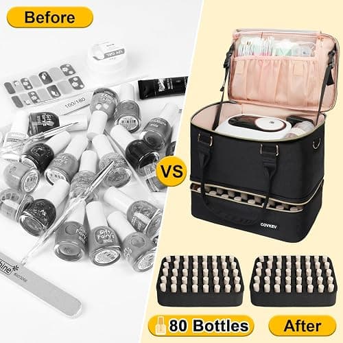 Covkev Nail Polish Organizer Hold 80 Bottles (15ml/0.5 fl.oz)& Nail Lamp, Double Layer Nail Bag Organizer Case with Handle, Large Nail Supplies& Kit Storage Case for Women Travel (Black& Golden) thumbnail 9
