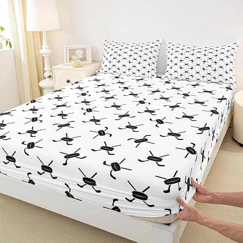 Ice Hockey Kids Sheet Full Size,Winter Ball Sports Games Competition Bedding Set,Girls Boys Adults Room Decor,Simple Modern Fashion Black White Bed Sheet Set 4pcs(Fitted + Flat + 2 Pillowcases) thumbnail 5