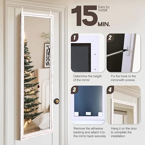 LXWZHK 48"x14" Door Mirror, Rustic Full Length Mirror, Over The Door Hanging Mirrors Full Length, Wooden Hanging Mirrors for Bedroom, Bathroom, White thumbnail 6