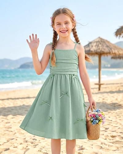 JiAmy Girls Spaghetti Strap Dress Kids Summer Bowknot Smocked Tiered Swing Dresses Casual Elegant Sundress for Girl 5-13 Years thumbnail 5