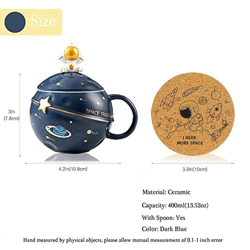 Yalucky Kawaii Astronaut Cup Space Embossed Planet Mug, Cute Ceramic Coffee Mug, Novelty Mug with Lid and Spoon for Coffee, Tea, Milk, Aesthetic Room Decor Funny Gift for Girl Boy Women (Dark blue) thumbnail 3
