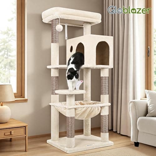 Globlazer Cat Tree Tower with Scratching Post for Indoor Cats, 53inch Tall Plush Multi-Level Cat Climbing Tower Condo House with Large Hammock, Spacious Cat Cave, Big Padded Top Perch Bed, F53, Beige thumbnail 7