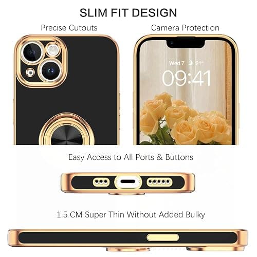 VENINGO iPhone 14 Case,Phone Case for iPhone 14,Slim Fit Soft 360° Ring Holder Kickstand Magnetic Car Mount Supported Easy Clean Shockproof Protective Cover for iPhone 14 6.1" 2022, Black/Golden thumbnail 2