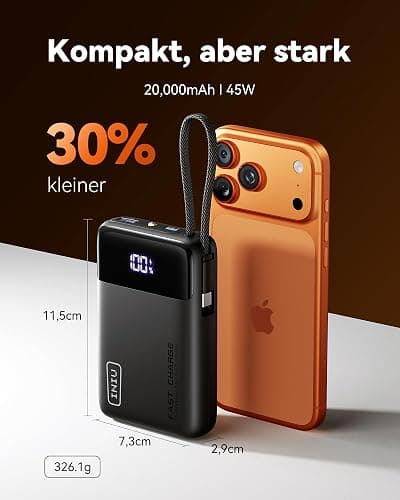INIU 45W Power Bank, Ultra Klein 20000mAh Powerbank iPhone mit Integriertem USB-C Kabel, Schnellladen Externe Handyakkus Mini, Klein Aber Stark für iPhone 17 16 15 Pro, Samsung S22, Xiaomi, iPad etc thumbnail 3