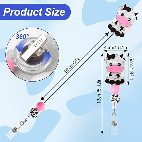 LLMSIX Cow Badge Reel Retractable, Cute Bling Cow ID Clip Badge Reels for Nurse Name ID Badge Holders with Alligator for Doctor Student Teacher Hospital School Office (Up to 25inch) thumbnail 3
