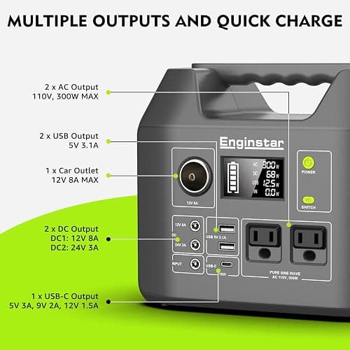 EnginStar Solar Generator, 300W Portable Power Station, 296Wh Lithium Battery Backup w/Two 110V Pure Sine Wave AC Outlet for Camping Road Trip RV, 80000mAh Sufficient Power Supply for Blackout thumbnail 6