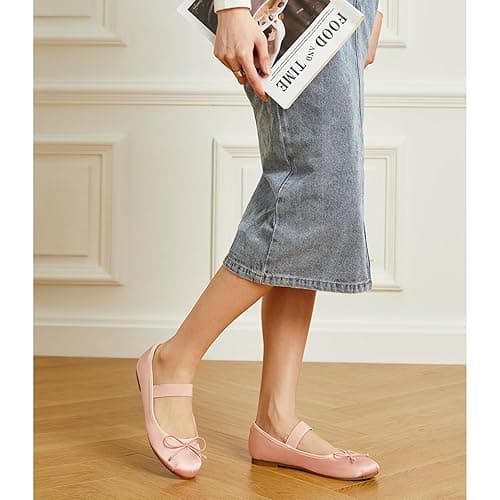 Trary Ballet Flats for Women Closed Round Toe Mary Jane Shoes Women Cute Bowknot Non-Slip Dressy Shoes Elastic Strap Comfortable Women's Flats for All-Year Daily Work Causal - 8 - Pink thumbnail 5