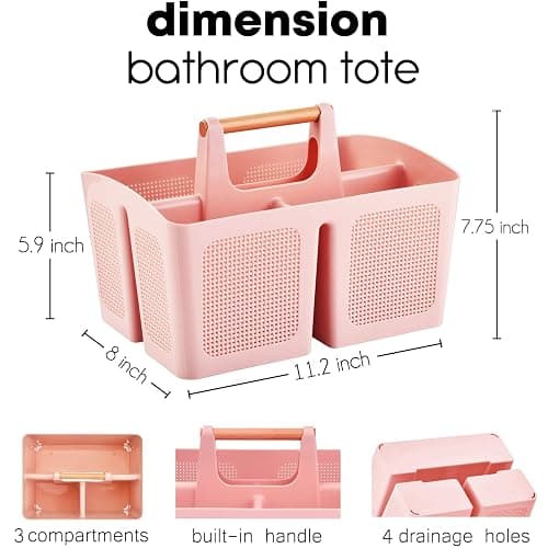 ALINK Portable Shower Caddy Basket with Compartments, Plastic Divided Cleaning Caddy Organizer Storage Tote with Handle for Bathroom, College, Dorm Room Essentials, Pink thumbnail 3