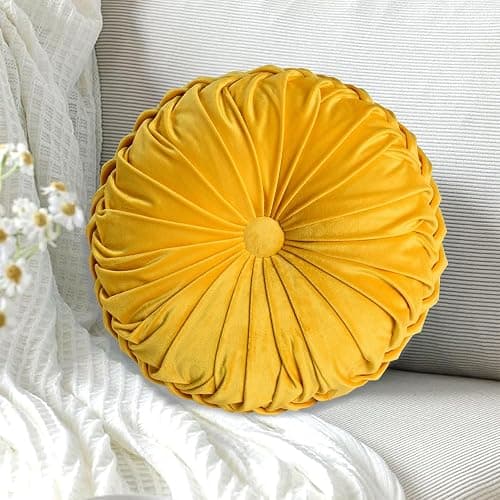 HIG Set of 2 Yellow Ruched Velvet Round Throw Pillows – 14.5’’ Decorative Pillows with Soft Polyester Filling for Couch, Bed, Living Room, Bedroom, or Dorm – Handmade, Stress Relieving, All-Season thumbnail 2