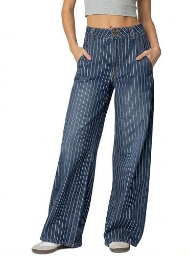 Justalwart Women's Mid Rise Striped Baggy Barrel Jeans Wide Leg Denim Pants thumbnail 2