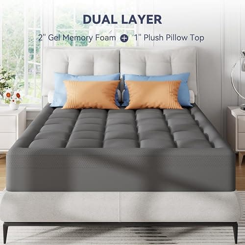 ELEMUSE 3 Inch Queen Dual Layer Memory Foam Mattress Topper with Pillowtop | 2 Inch Cooling Gel Foam,1 Inch Soft Pillowtop Pad, Pressure Relief Bed Topper, Comfortable Support thumbnail 7