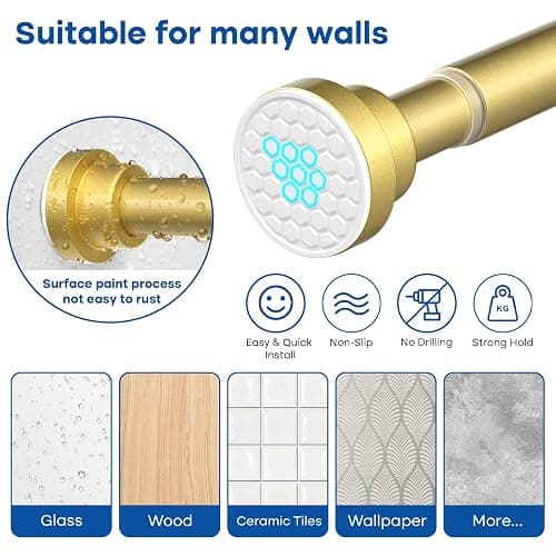 Tension Rod for Windows 28 to 48 Inch Spring Curtain Rods No Drilling 7/8" Diameter Gold Tension Rods Adjustable Curtain Rods Expandable Pressure Spring Tension Rods for Closet Doorway Kitchen Door thumbnail 5
