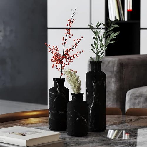 Creative Scents Black Marble Look 3pc Vase Set – Boho Vases for Decor, Modern Vases for Holding Pampas Grass, Dried/Fresh Flowers, Vases for Living Room - Kitchen, Bedroom, Office, Shelf Decor thumbnail 8