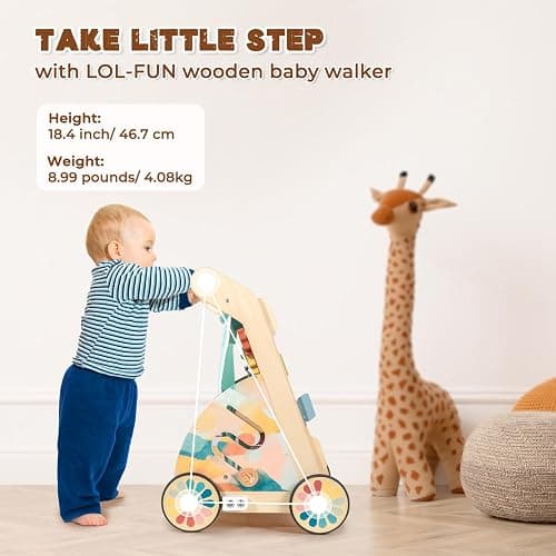 LOL-FUN Wooden Baby Walker with Double-Sided Busy Board, Push Walker for Baby with Adjustable Speed Wheels, Activity Learning Walker for Boys 12 Months thumbnail 6