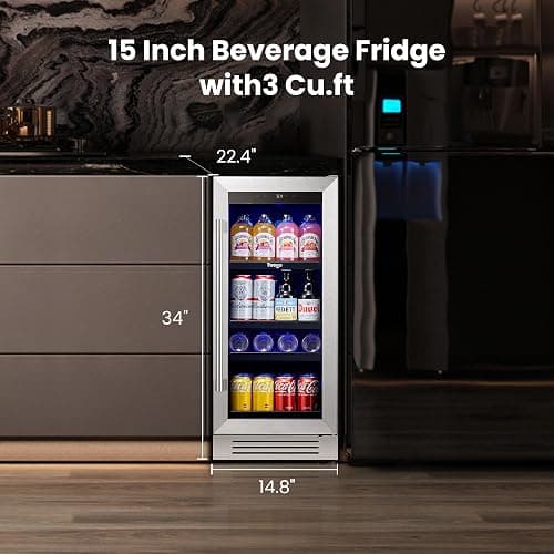 Yeego 15 Inch Beverage Refrigerator – 80 Can Mini Fridge with Glass Door, Built-In or Freestanding Cooler for Home Bar Office thumbnail 2