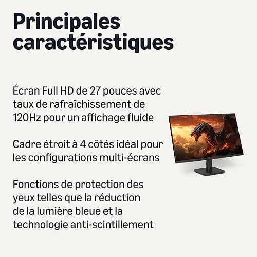 Amazon Basics Écran d’Ordinateur 68,6 cm, 120 Hz, FHD 1080P, HDMI, DP, VGA, Compatible VESA pour Le Bureau et la Maison, Noir thumbnail 2