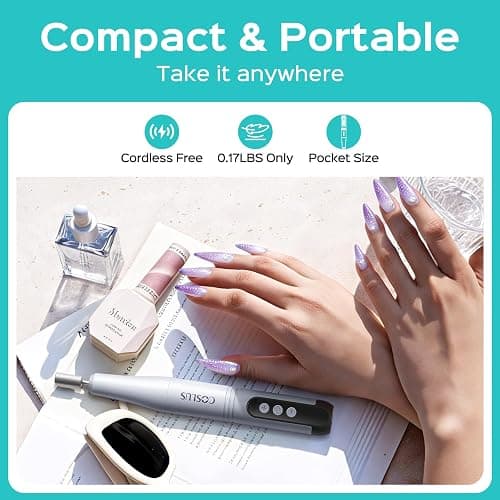 COSLUS C50 Portable Cordless Electric Nail Drill, 12 Speeds & LED Display | Professional Nail File for All Manicure Shaping & Gel Removal, Nail Art Practice Essentials, Home DIY & Travel Use, Purple thumbnail 6