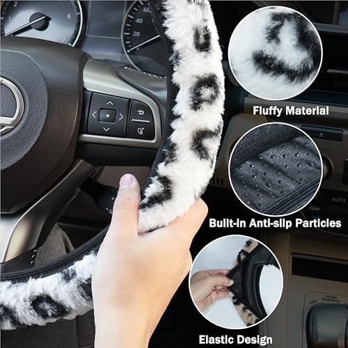 Muamos Leopard Steering Wheel Cover with Keychain, Elastic Fuzzy Fur Cheetah Car Steering Wheel Protector Women Girl Car Accessories Universal Fit 15 inch Fit Auto, Suvs, Truck- Pink thumbnail 4