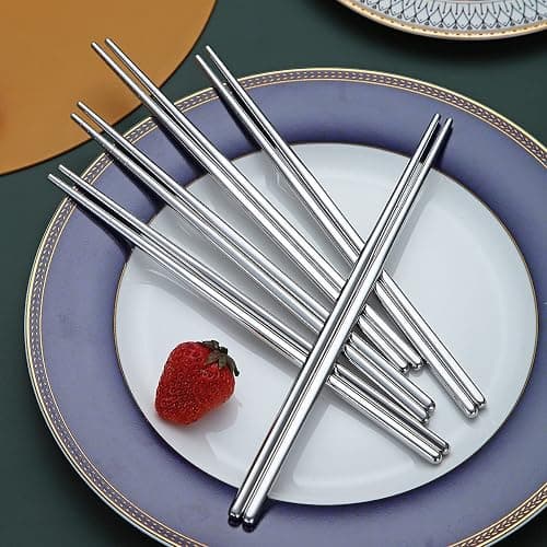 10 Pairs Reusable Chopsticks, Stainless Steel Metal Chop Sticks, Japanese Chinese Korean Chopstick Dishwasher Safe, 8.9 Inch (Silver / Chop sticks) thumbnail 4